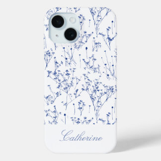 Modern Elegant Royal Blue Wildflowers Toile iPhone 15 Case