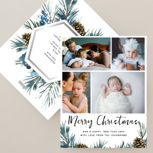 Modern Elegant Rustic Pine Photo Collage Christmas Holiday Card