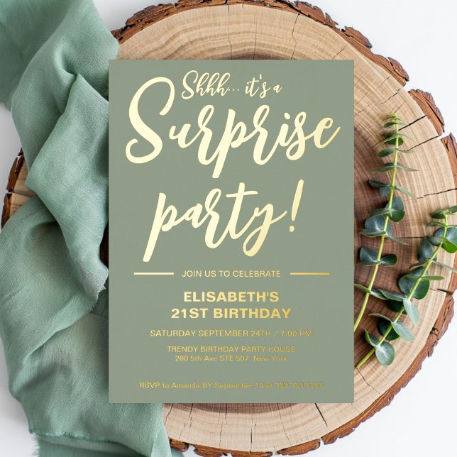 Modern Elegant Sage Green 21st Surprise Birthday  (Creator Uploaded)