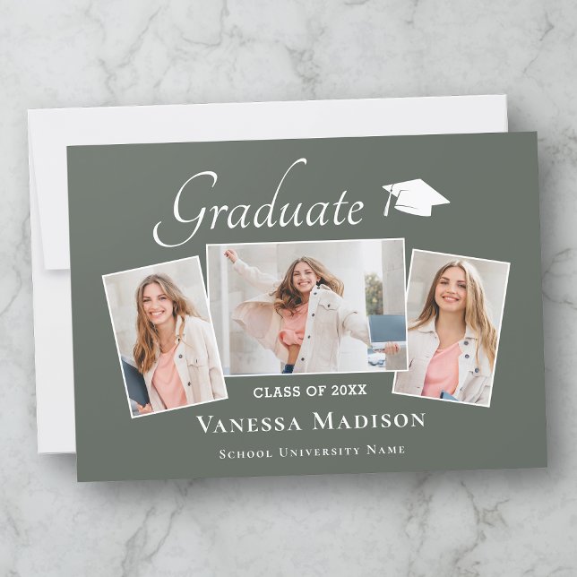 Modern | Elegant Sage Green 3 Photo Graduation Announcement (Creator Uploaded)