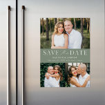 Modern Elegant Sage Green 3 Photo Save the Date Magnetic Invitation<br><div class="desc">Announce your wedding date with this stylish, modern photo save the date magnet. The design features three of your favourite engagement photos with "Save the Date" displayed in white serif and script fonts against a sage green background. Personalise the minimalist save the date magnet by adding your names, date, and...</div>
