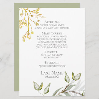 Modern Elegant Sage Green and Gold Foliage Menu