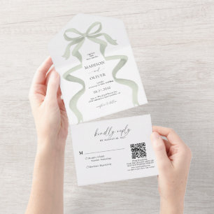 Modern Elegant Sage Green Bow Monogram Wedding All In One Invitation