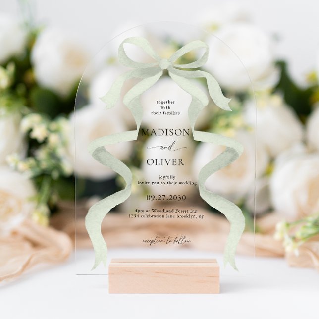 Modern Elegant Sage Green Bow Wedding Arch Acrylic Invitations (Creator Uploaded)
