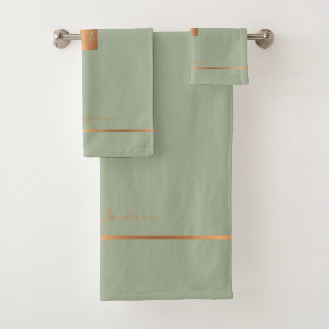 Modern elegant sage green chic monogrammed stripes bath towel set (Insitu)