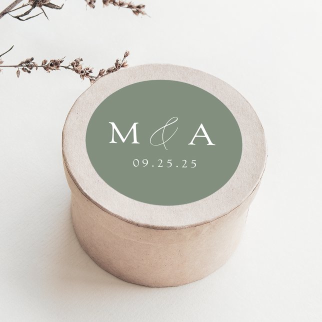 Modern Elegant Sage Green Monogram Wedding Classic Round Sticker (Creator Uploaded)