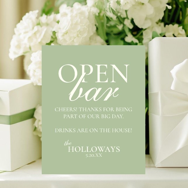 Modern Elegant Sage Green Open Bar Wedding Pedestal Sign (Modern Elegant Sage Green Open Bar Wedding Pedestal Sign)