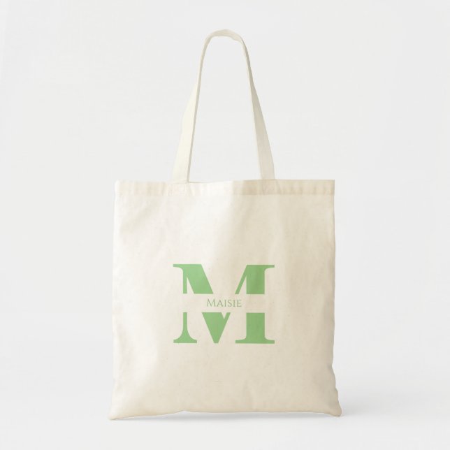 Modern Elegant Sage Green Personalised Monogram Tote Bag (Front)