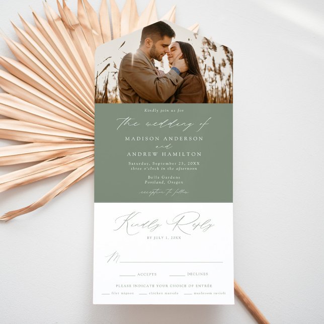 Modern Elegant Sage Green Photo Wedding All In One Invitation (Creator Uploaded)