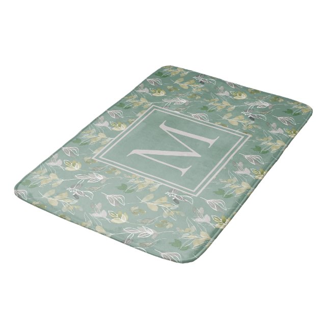 Modern Elegant Sage Green Silver Leaves Monogram Bath Mat (Angled)