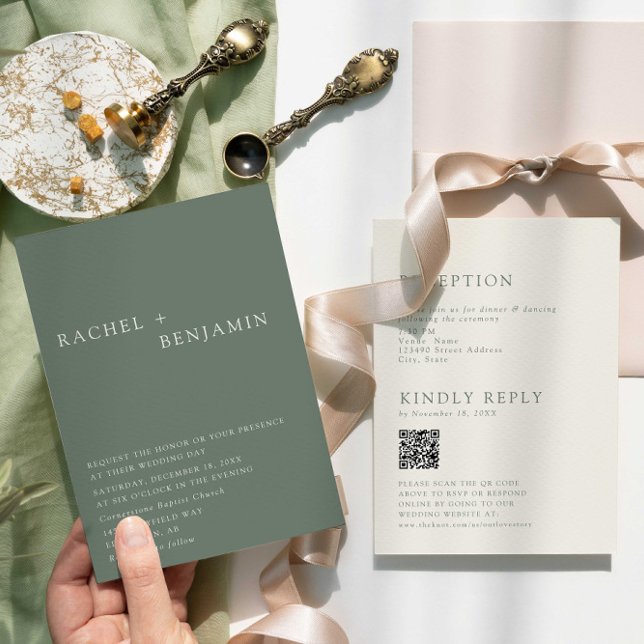 Modern Elegant Sage Green Wedding QR Code RSVP Invitation (Creator Uploaded)