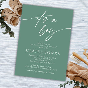 Modern Elegant Sage Its a Boy Script Baby Shower  Invitation