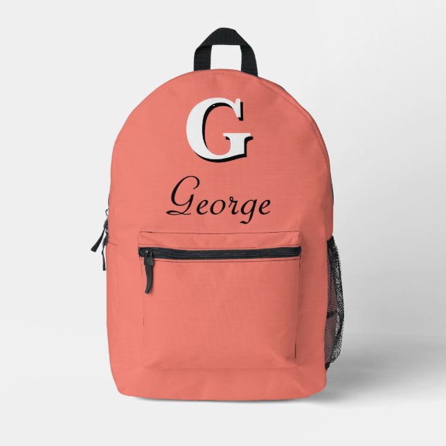 Modern Elegant Salmon Monogram Printed Backpack (Front)