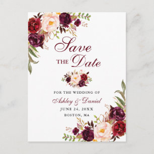 Modern Elegant Save the Date Burgundy Floral Announcement Postcard