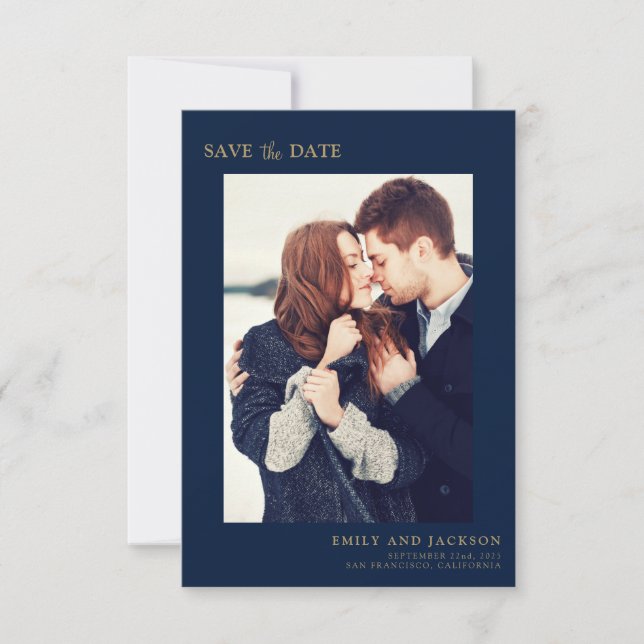 Modern Elegant Save the Date Photo Navy Blue (Front)