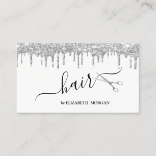Modern Elegant Scissors Silver Glitter Drips   Business Card