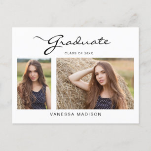 Modern Elegant Script 2 Photo Grad Announcement Postcard