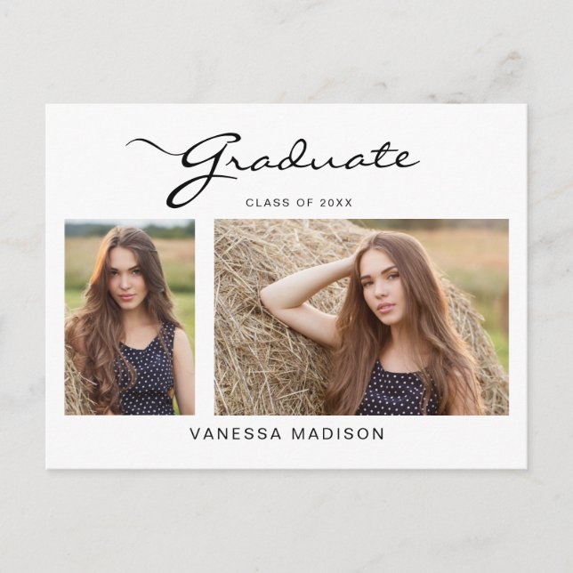 Modern Elegant Script | 2 Photo Grad Announcement Postcard (Front)