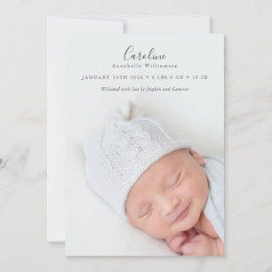 Modern Elegant Script 2 Photo Overlay Stats Birth Announcement