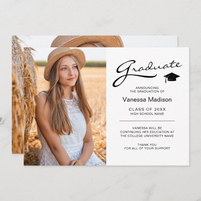 Modern Elegant Script 2 Sided Photo Grad Announcement (Front/Back)