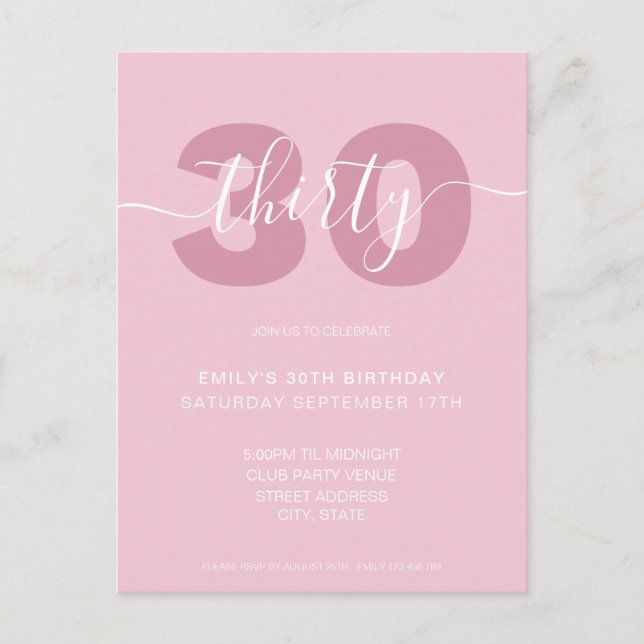 Modern Elegant Script 30th Birthday Invitation Postcard (Front)