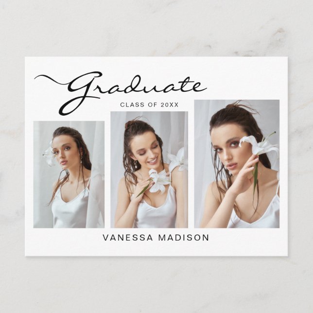 Modern Elegant Script | 3 Photo Grad Announcement Postcard (Front)