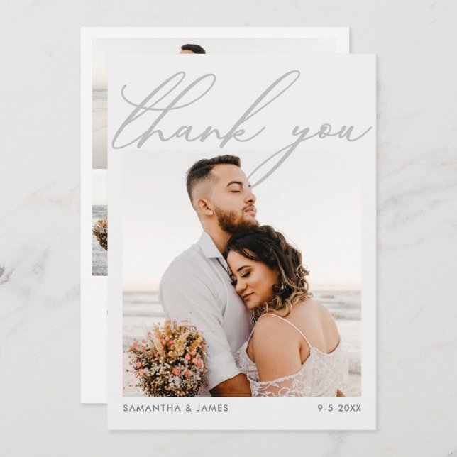 Modern Elegant Script 5-Photo Collage Wedding Thank You Card (Front/Back)
