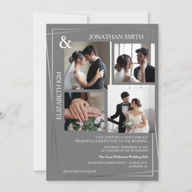 Modern Elegant Script 5 Photo Grid Overlay Wedding Invitation (Front)