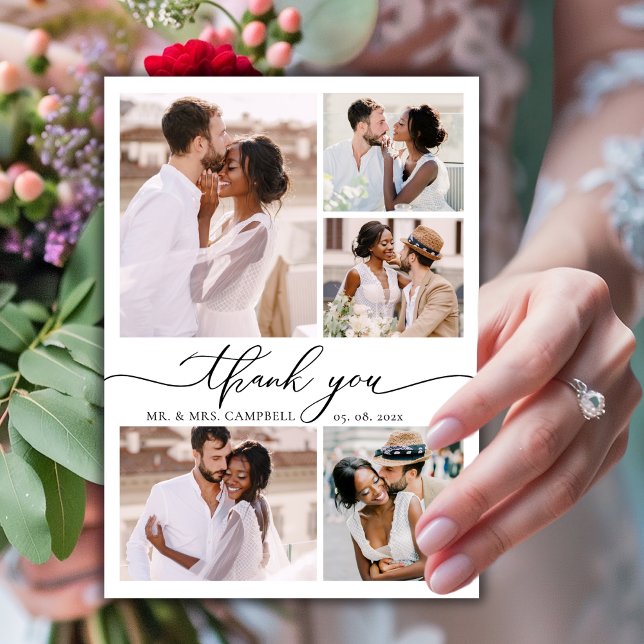 Modern Elegant Script 6 Photo Collage Wedding  Thank You Card (Creator Uploaded)