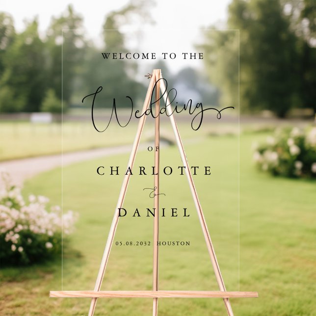 Modern, Elegant, Script, Acrylic Sign (Personalized WELCOME! Elegant, ,Transparent, Wedding Acrylic Sign with your name and date)
