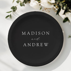 Modern Elegant Script Black and White Wedding Paper Plate