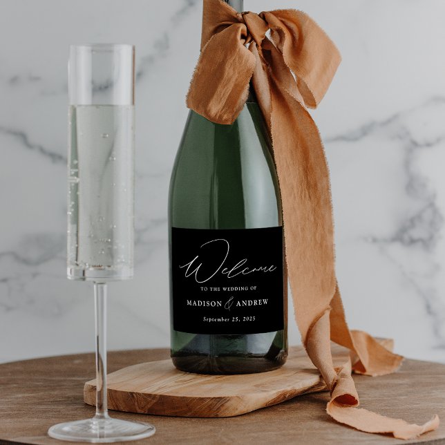 Modern Elegant Script Black and White Wedding Sparkling Wine Label (Creator Uploaded)