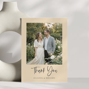 Modern Elegant Script Black Beige Photo Wedding Thank You Card
