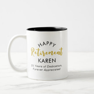 Modern Elegant Script Black Gold Happy Retirement Two-Tone Coffee Mug
