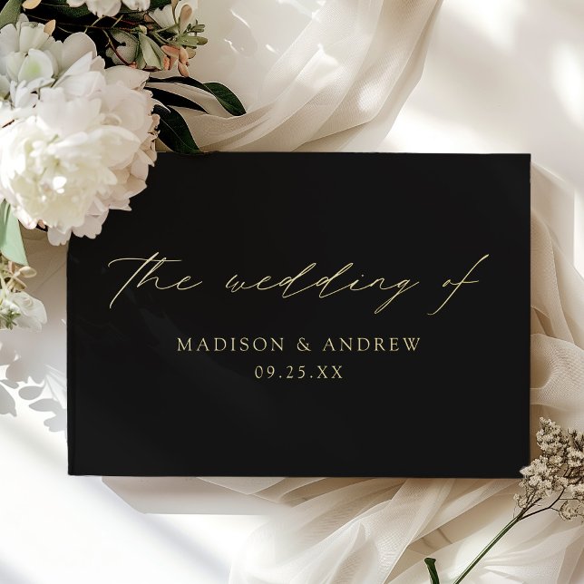 Modern Elegant Script Black Photo Wedding Guest Book (Creator Uploaded)