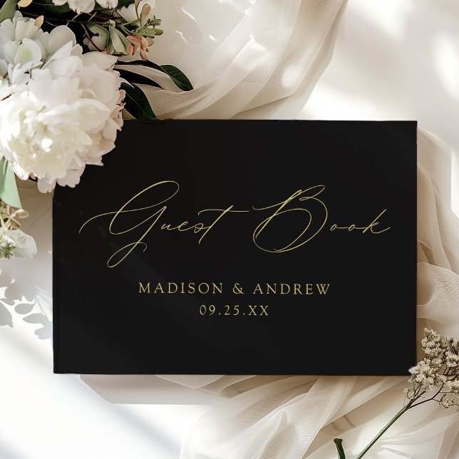 Modern Elegant Script Black Wedding Guest Book (Creator Uploaded)