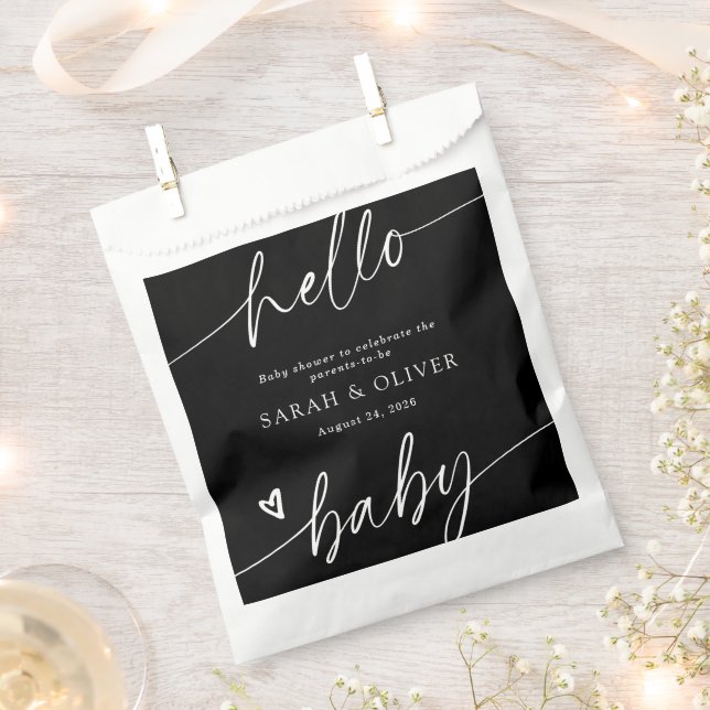 Modern Elegant Script Black & White Baby Shower Favour Bags (Clipped)