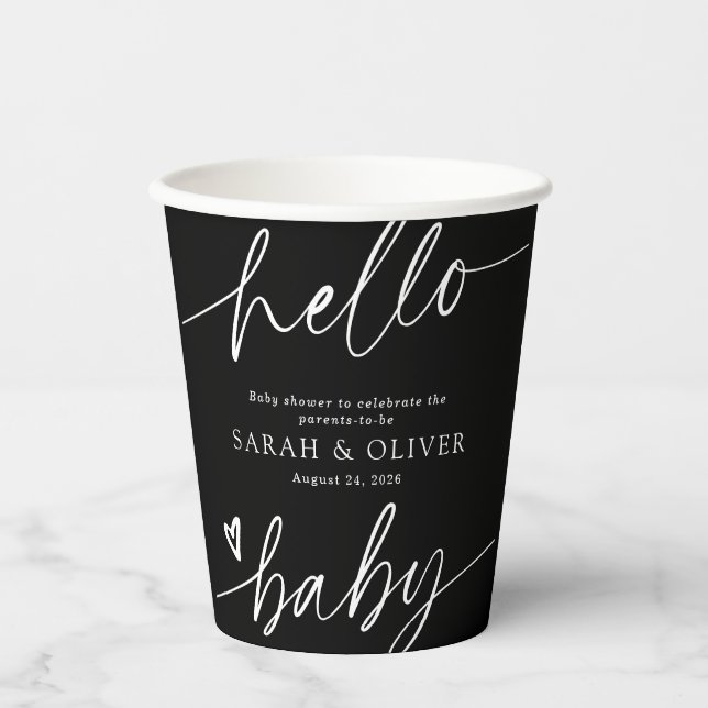 Modern Elegant Script Black & White Baby Shower Paper Cups (Front)