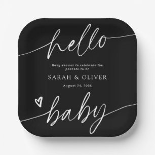 Modern Elegant Script Black & White Baby Shower Paper Plate