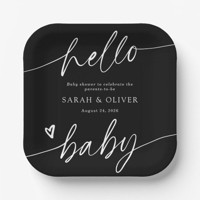Modern Elegant Script Black & White Baby Shower Paper Plate (Front)