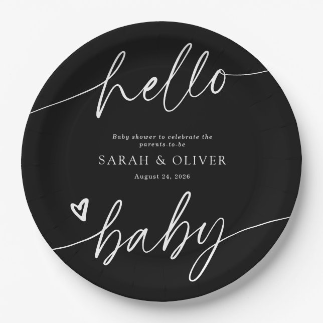 Modern Elegant Script Black & White Baby Shower Paper Plate (Front)