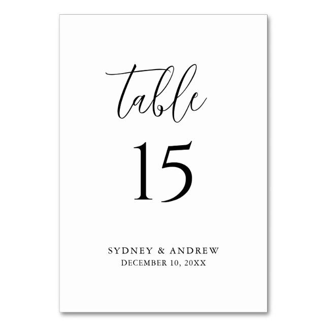 Modern Elegant Script Black & White Wedding Table Number (Front)