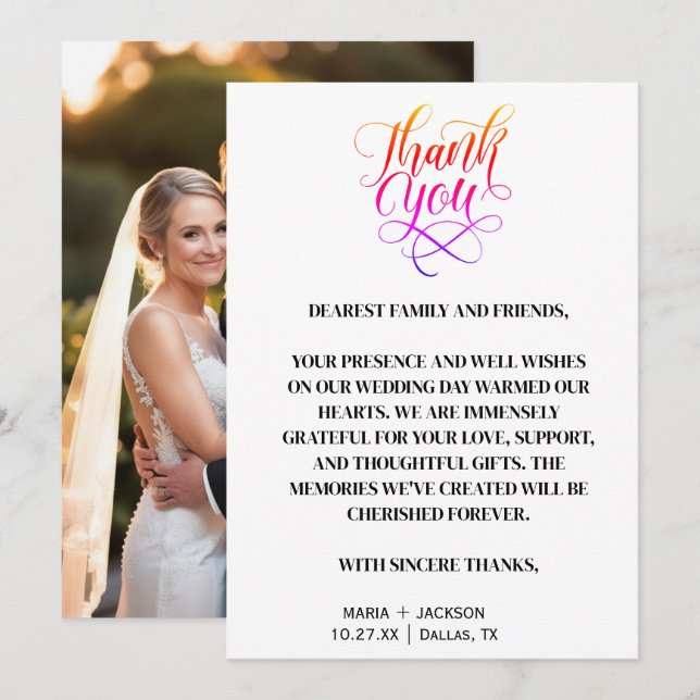 Modern Elegant Script Black White Wedding  Thank You Card (Front/Back)