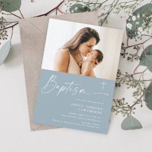 Modern Elegant Script Blue Boys Photo Baptism Invitation