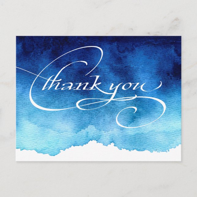 Modern Elegant Script Blue Wedding Thank You Postcard (Front)