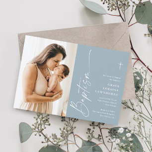 Modern Elegant Script Boys Photo Baptism Invitation