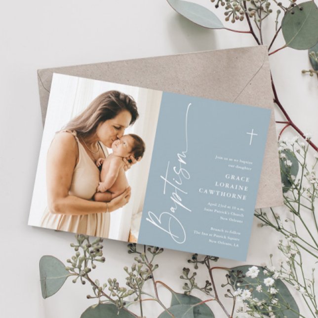 Modern Elegant Script Boys Photo Baptism Invitation (Creator Uploaded)