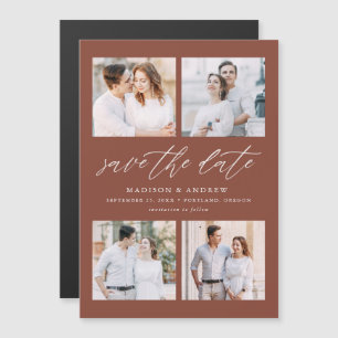 Modern Elegant Script Brown 4 Photo Save The Date Magnetic Invitation