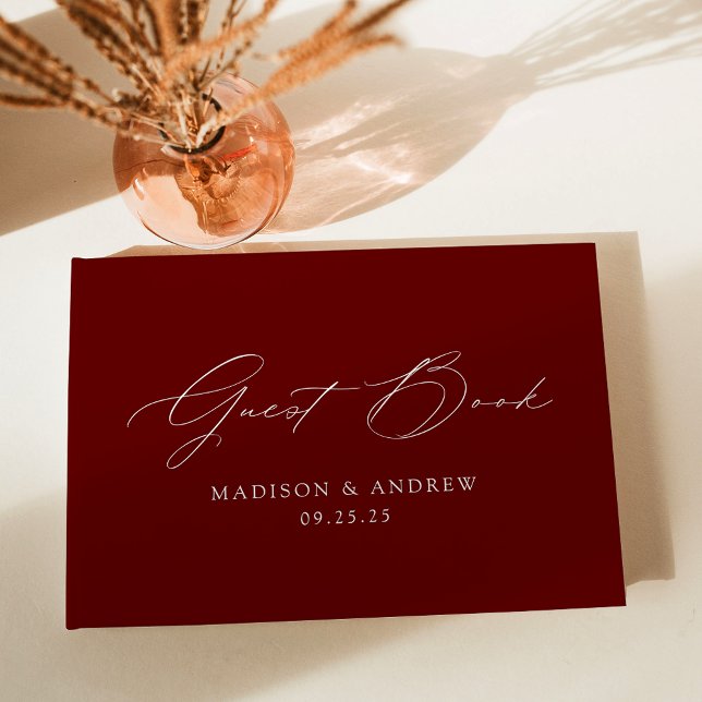 Modern Elegant Script Burgundy Photo Wedding Guest Book (Creator Uploaded)