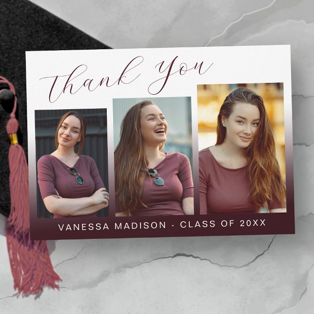 Modern Elegant Script Burgundy Red 3 Photo Grad Thank You Card (Creator Uploaded)